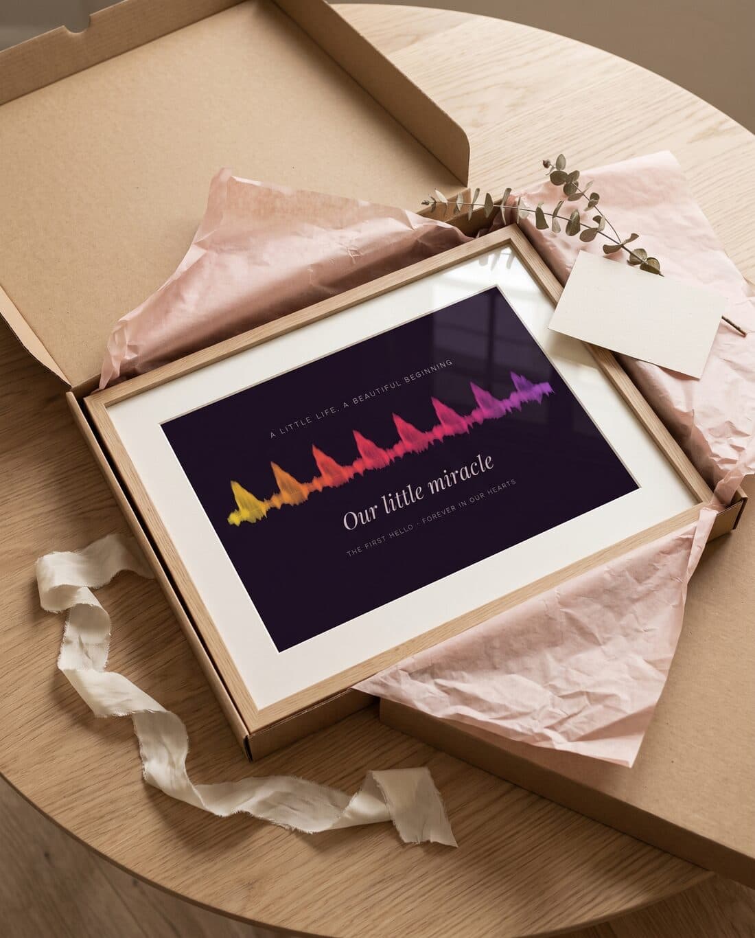 A heartbeat print unwrapped from blush tissue paper in a gift box
